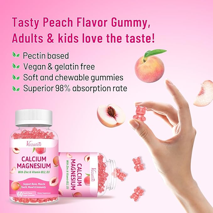 2 Pack Calcium Magnesium Zinc Gummies D3 & B12, Sugar