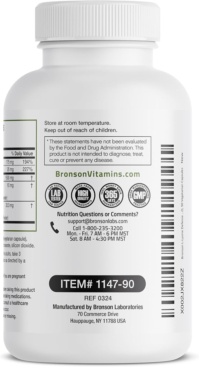 Bronson L-Lysine Defense Immune Support Complex 1500 MG 90 Vegetarian