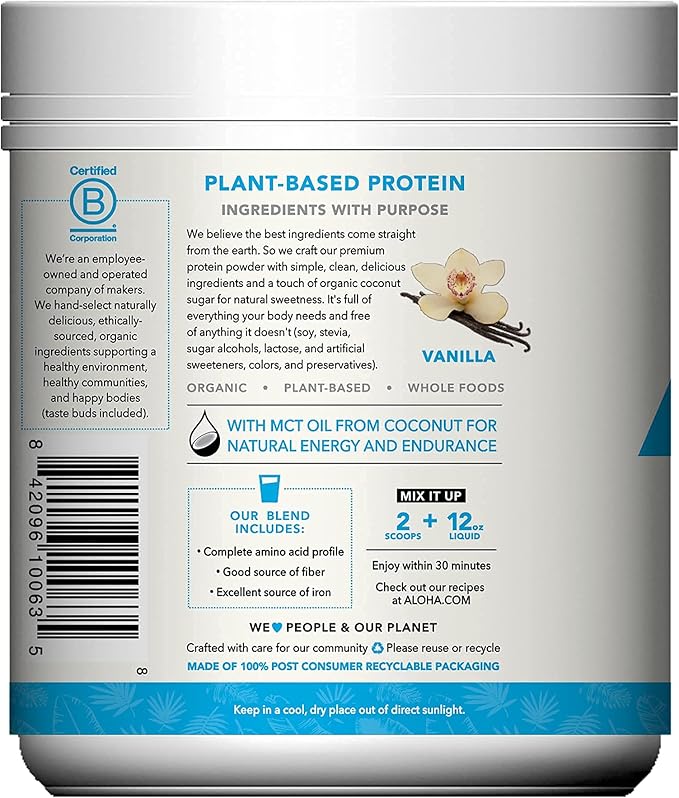 ALOHA Organic Plant Based Protein Powder, 19.6 oz, 15 Servings