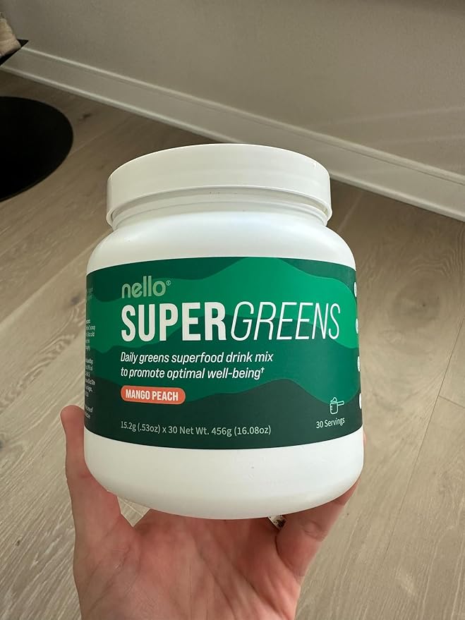 Nello Supergreens - Premium Superfood Greens Drink Mix with Chlorella, Moringa,Spinach, & Broccoli + Digestive Enzymes & Probiotic Blend -Nutrient-Packed Powder for Wellness (Mango Peach, 30 SRV)