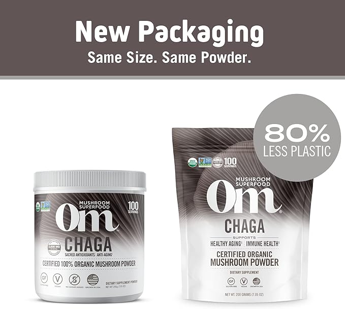 OM MUSHROOM SUPERFOOD Chaga Organic Mushroom Powder, 7.05 Ounce Pouch, 100 Servings, US Grown, Sacred Antioxidants & Immune Support, Superfood Mushroom Supplement