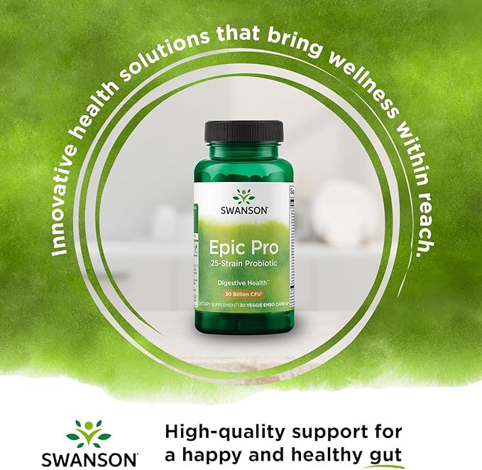 Swanson Epic-Pro 25-Strain Probiotic 30 Billion CFU Digestive Health Immune System Support Prebiotic Nutraflora FOS 30 DRcaps Veggie Capsules (2 Pack)