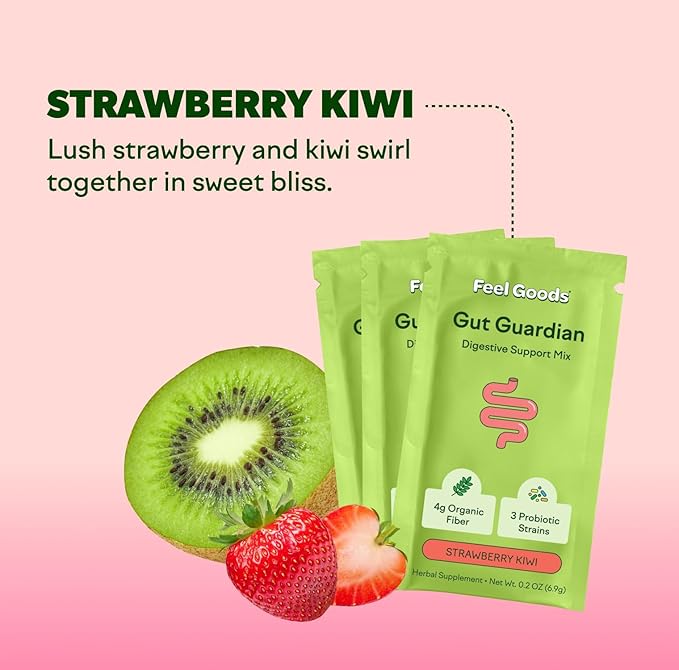Feel Goods Gut Guardian, Prebiotic & Probiotic Powder, Organic Fiber, Sugar Free, Herbs for Bloat, Gut Health Support, Digestive Health for Men & Women, Non GMO, Vegan | Strawberry Kiwi, 8 Count