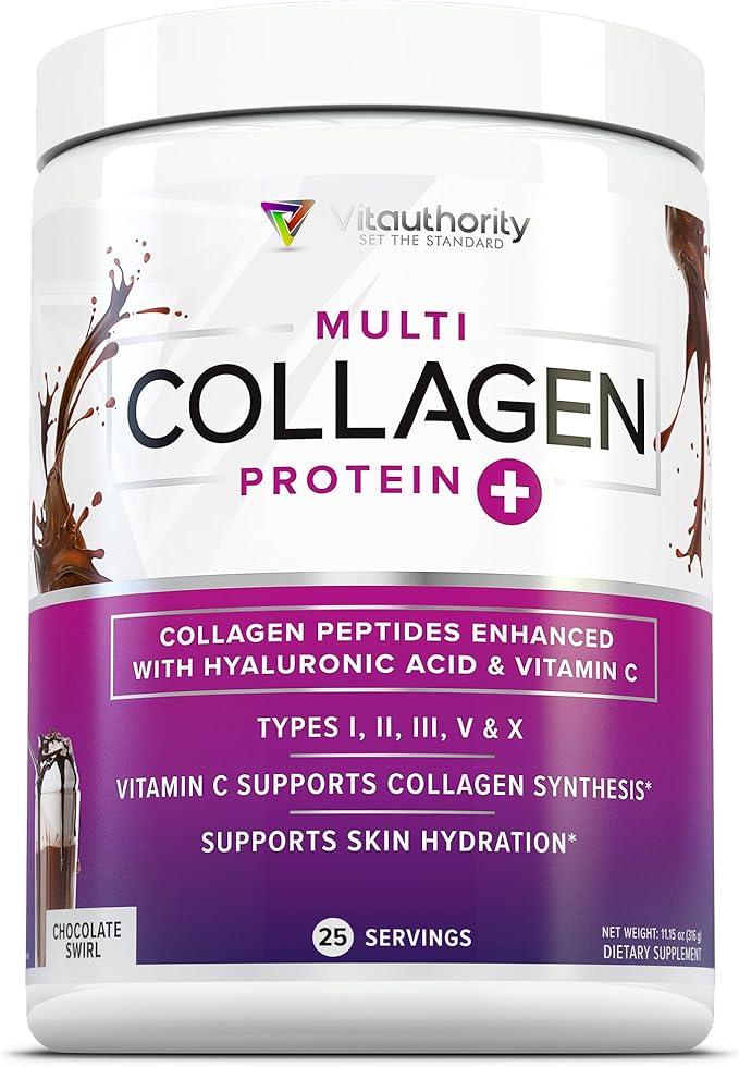 Multi Collagen Peptides Powder for Women and Men - Instant Dissolving Grass Fed Hydrolyzed Collagen Powder Drink Mix for Beautiful Hair Skin and Nails with Hyaluronic Acid and Vitamin C