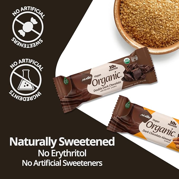 Nugo Organic Dark Chocolate Almond, 10g Vegan Protein, Gluten Free, 24 count