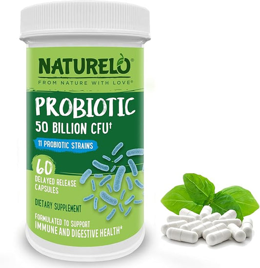 NATURELO Probiotics for Digestive Health 50 Billion 11 Strains 60 Vegetarian