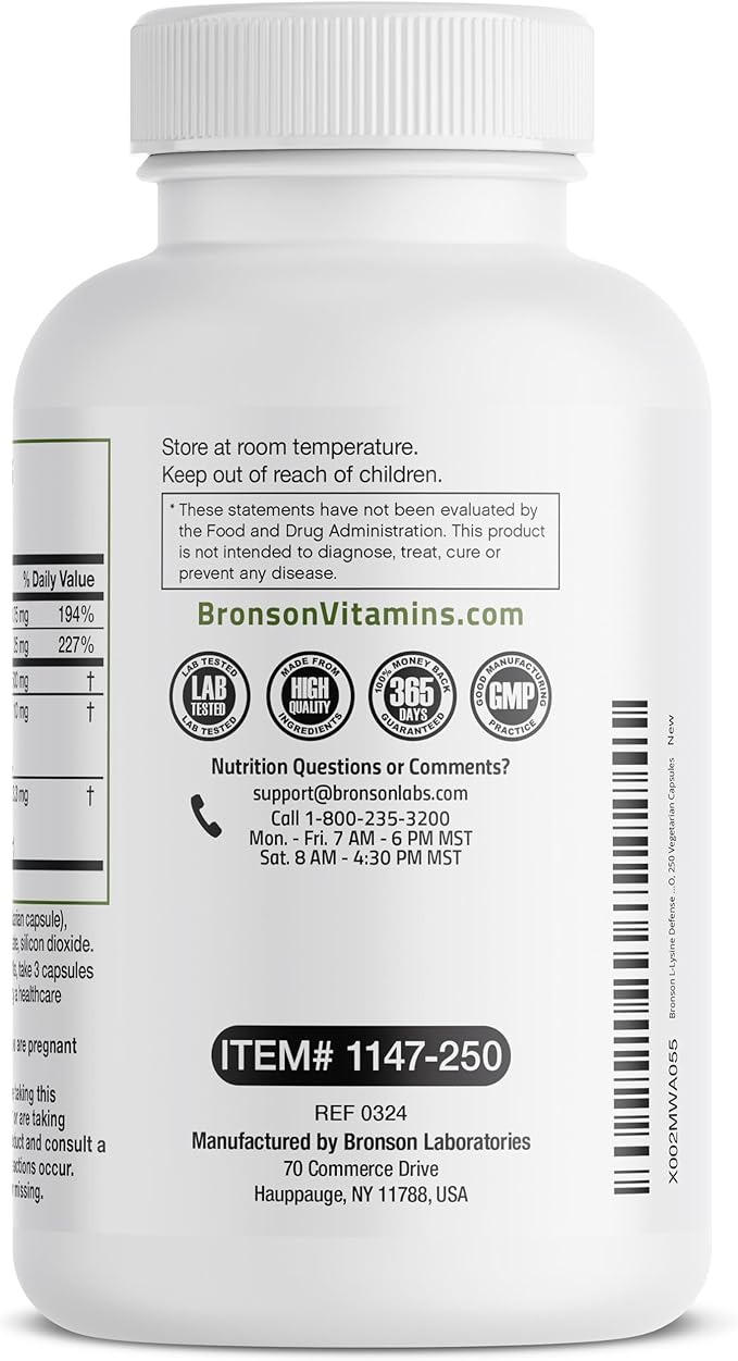 Bronson L-Lysine Defense Immune Support Complex 1500 MG 250 Vegetarian