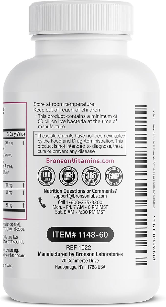 Bronson Women's Probiotic 50 Billion CFU + Prebiotic with Cranberry & D-Mannose – Vaginal Health, Healthy Digestion, Immune Function and Urinary Tract Support, Non-GMO, 60 Vegetarian Capsules