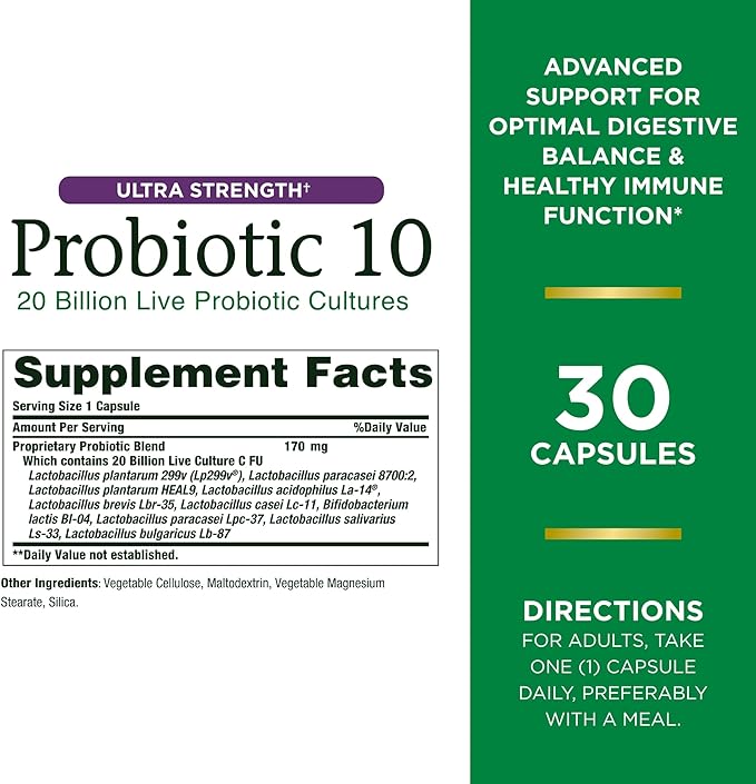 Nature’s Bounty Probiotic 10, Ultra Strength 1 Pack, 30 Capsules