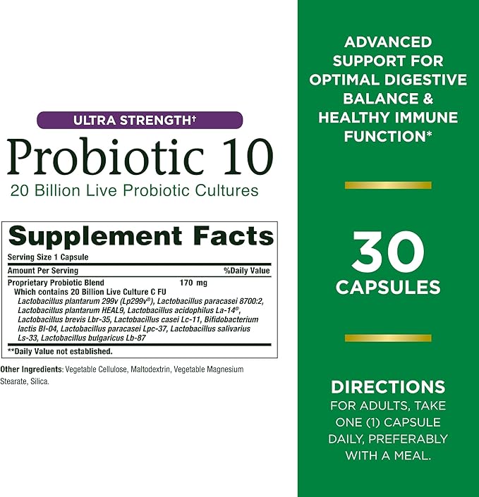 Nature’s Bounty Probiotic 10, Ultra Strength 1 Pack, 30 Capsules