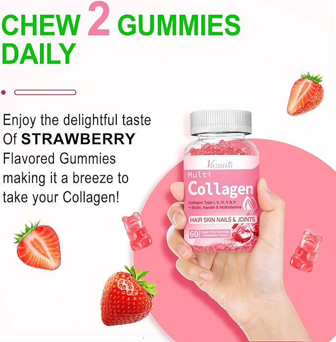 2 Pack Sugar Free Collagen Gummies 2500mg with 60 Strawberry