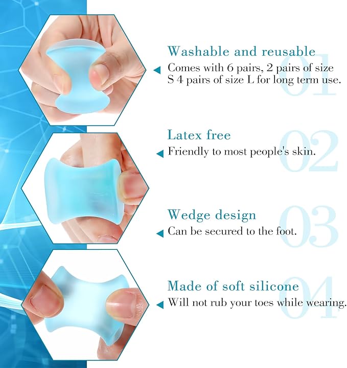 12Pcs Gel Toe Separators Soft Toe (8L+4S) (Blue)