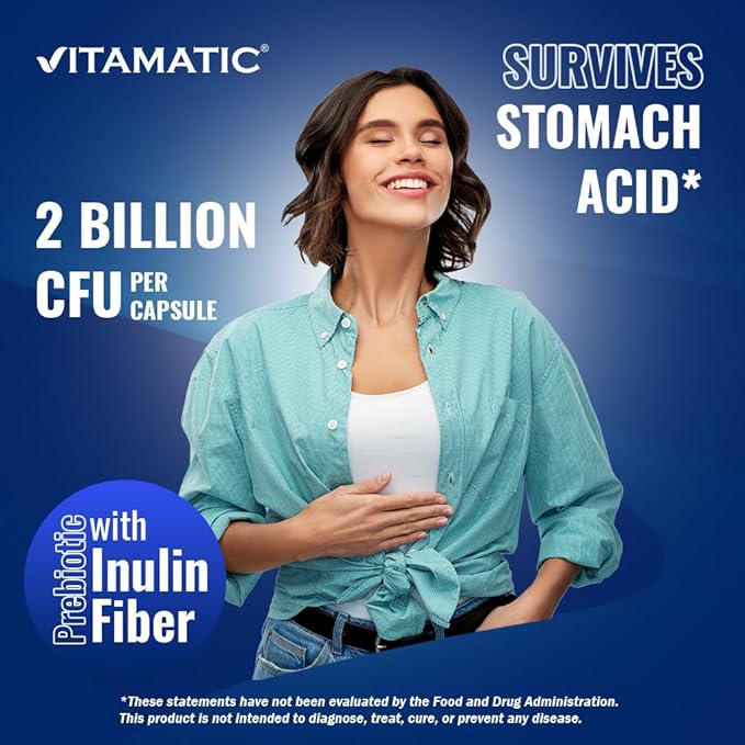 Vitamatic Lactobacillus Salivarius 2 Billion per DR Capsule - 60 Count - Digestive Support - Made with Prebiotic Inulin Fiber (3 Bottles)