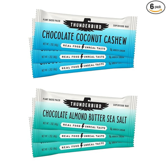 Thunderbird Bars Energy Snack, Gluten-Free with Protein, Healthy Real Food, Vegan Paleo Non-GMO, No Added Sugar, Chocolate Lovers Variety Flavor Pack (6 Count, 3 of Each Flavor, 1.7 oz. Bars)