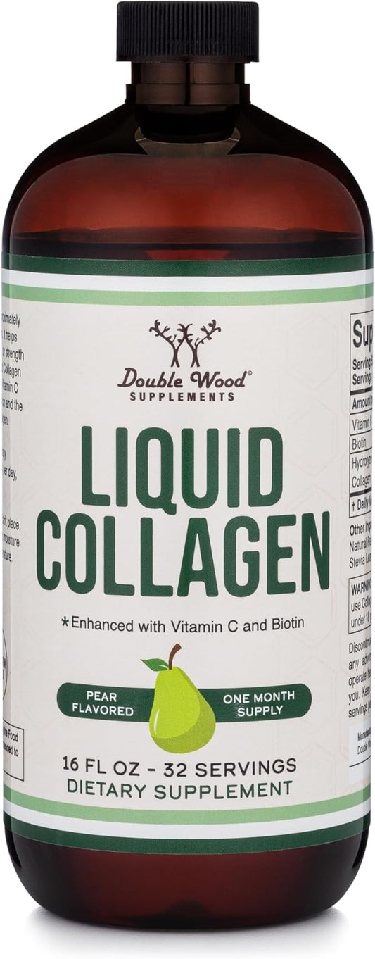 Double Wood Supplements Liquid Collagen - 2500mg of Hydrolyzed Bovine Collagen - 32 Servings - for Women and Men - 30 mcg of Biotin - Sugar Free Pear Flavor