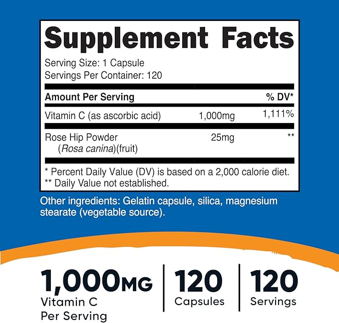 Nutricost Vitamin C with Rose Hips 1025mg, 120 120 Capsules 1000mg, Rose 25mg, Premium,