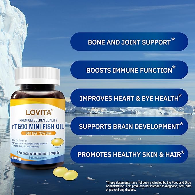 Lovita rTG 90 Mini Fish Oil, 2000mg Daily| 90% Omega-3 Omega-3 | 120 Enteric-Coated