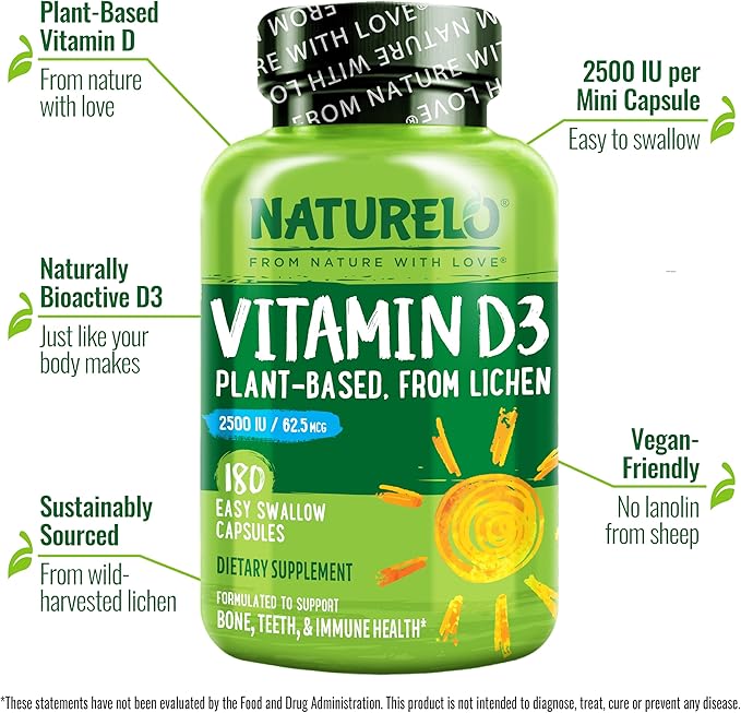 NATURELO Vitamin D - 2500 IU - Plant Based from Lichen - Natural D3 Supplement for Immune System, Bone Support, Joint Health - Vegan - Non-GMO - Gluten Free - 180 Capsules