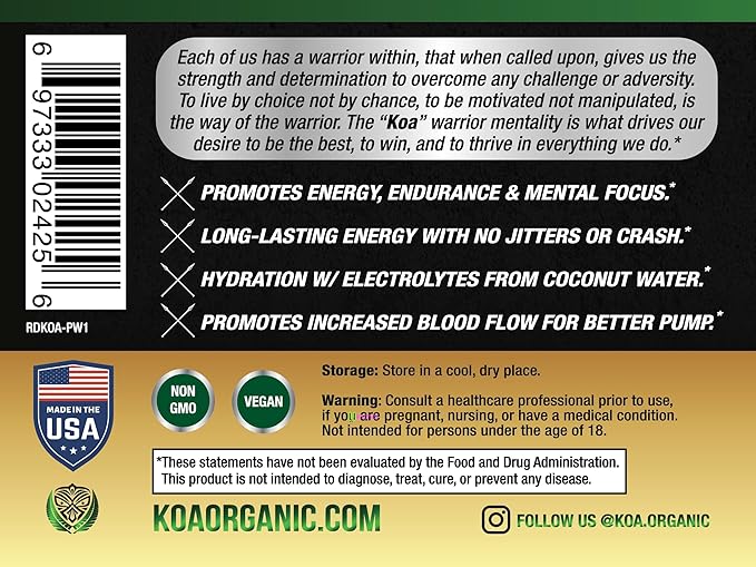 KOA Organics- USDA Organic Pre Workout w/165mg Organic 150g