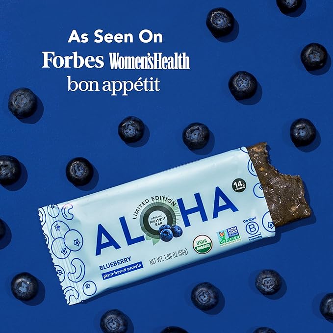 ALOHA Organic Plant Based Protein Bars - Blueberry Bars, Vegan, Low Sugar, Gluten-Free, Low Carb, Non-GMO, No Stevia, No Erythritol - 12 Count (Pack of 1)