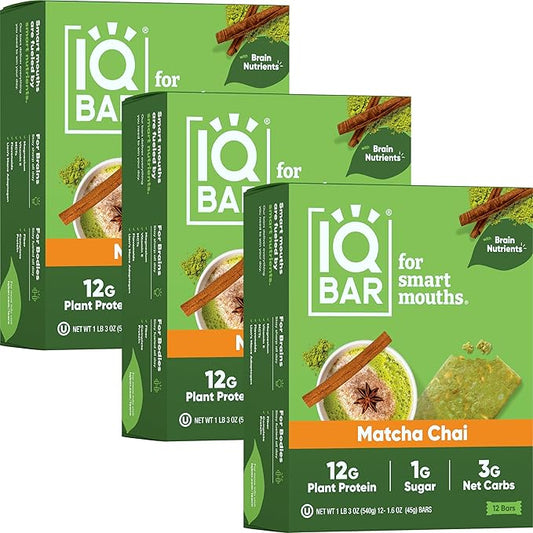 IQBAR Brain and Body Plant Protein Bars - Matcha Chai - 36-Count Low Carb - Gluten Free, High Fiber, Vegan Snacks - Low Sugar Meal Replacement