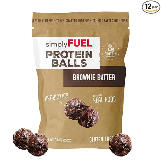 simplyFUEL Whole Food Protein Balls with Probiotics - Brownie Batter Snacks - 8g Protein Snack - Gluten Free Energy Balls (1 Pack of 12 Balls)