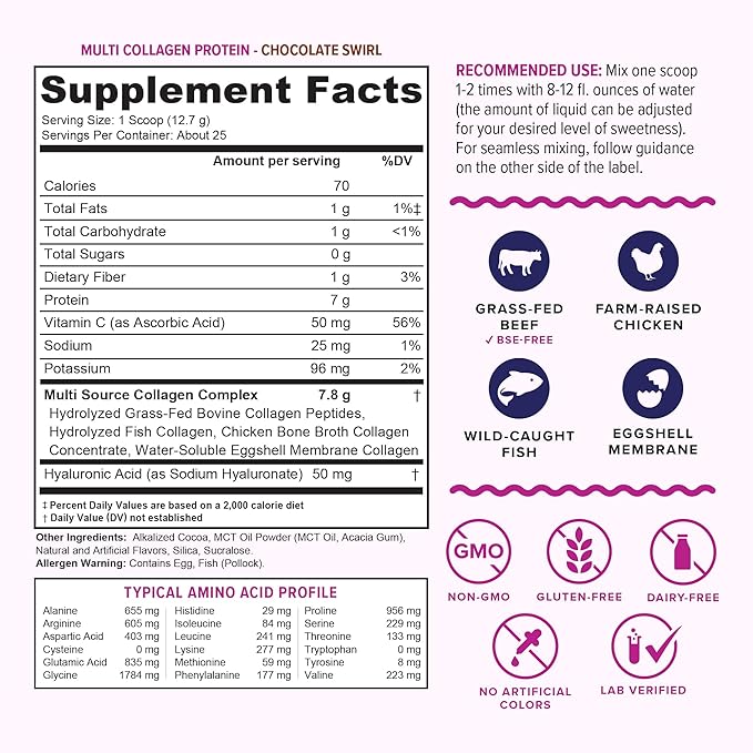 Multi Collagen Peptides Powder for Women and Men - Instant Dissolving Grass Fed Hydrolyzed Collagen Powder Drink Mix for Beautiful Hair Skin and Nails with Hyaluronic Acid and Vitamin C