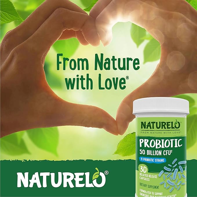 NATURELO Probiotics for Digestive Health 50 Billion 11 Strains 30 Vegetarian