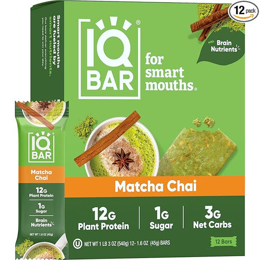 IQBAR Brain and Body Plant Protein Bars - Matcha Chai - 12-Count Low Carb - Gluten Free, High Fiber, Vegan Snacks - Low Sugar Meal Replacement