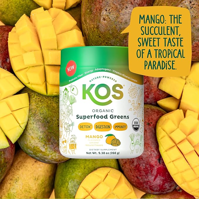 KOS Organic Superfood Greens Powder - Gut Health from Prebiotic Fiber, Supergreens and Adaptogens - USDA Certified Organic, Made in a GMP Certified Facility - 28 Servings Mango