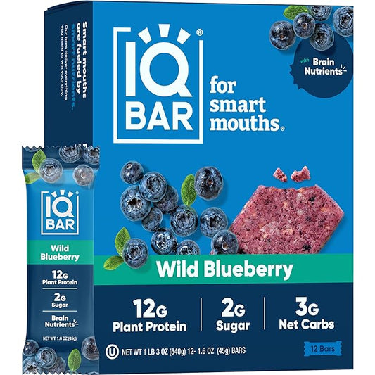 IQBAR Brain and Body Plant Protein Bars - Wild Blueberry - 12-Count Low Carb - Gluten Free, High Fiber, Vegan Snacks - Low Sugar Meal Replacement