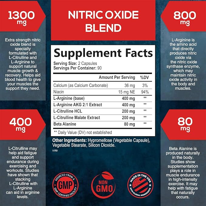 Extra Strength Nitric Oxide Supplement L 3X Strength 180 Capsules