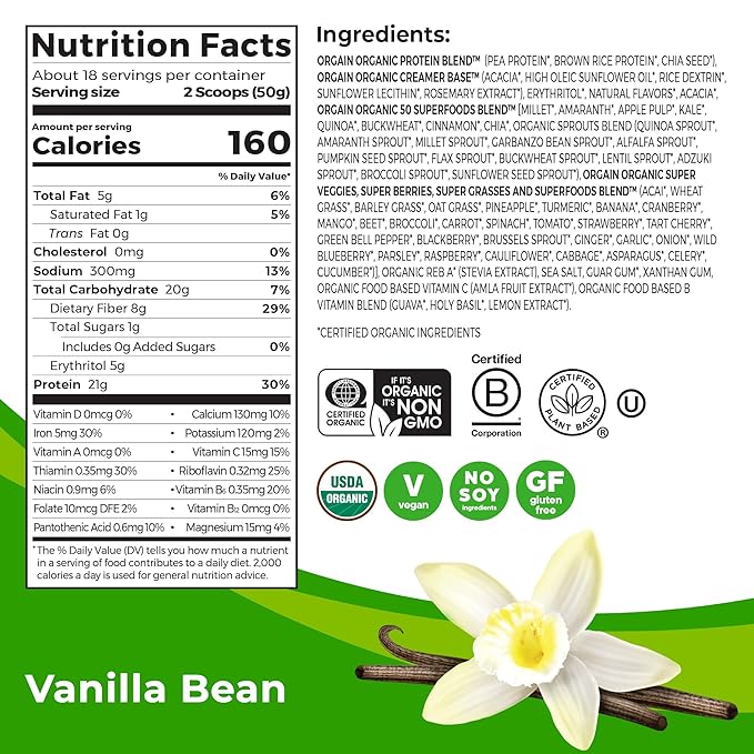 Orgain Organic Vegan Protein + 50 21g Plant 8g Prebiotic 2.02 lb