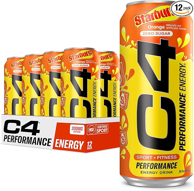 Cellucor C4 Performance Energy Drink | STARBURST Orange | Zero Sugar Carbonated Preworkout Energy | 200mg Caffeine with Beta Alanine | 16 Fl Oz (12 Pack)