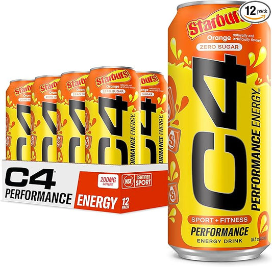 Cellucor C4 Performance Energy Drink | STARBURST Orange | Zero Sugar Carbonated Preworkout Energy | 200mg Caffeine with Beta Alanine | 16 Fl Oz (12 Pack)