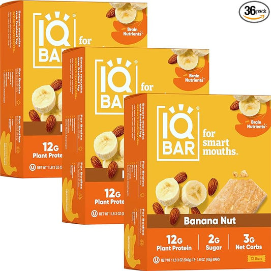 IQBAR Brain and Body Plant Protein Bars - Banana Nut - 36-Count Low Carb - Gluten Free, High Fiber, Vegan Snacks - Low Sugar Meal Replacement