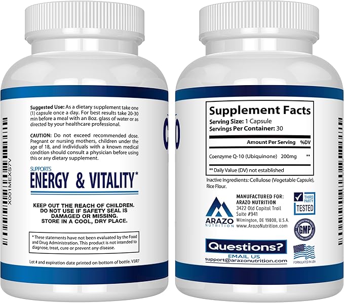 Arazo Nutrition CoQ10 Ubiquinone Coenzyme Q10-200mg