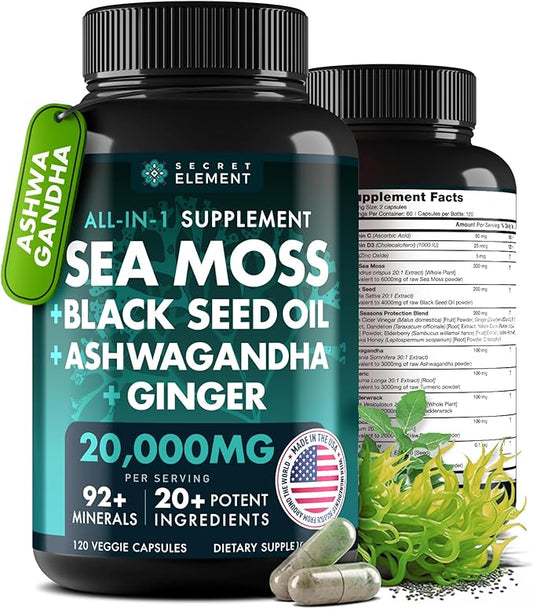 Irish Sea Moss Black Seed Oil Ashwagandha Ginger, 20,000mg Capsules, Seamoss Black Seed Oil Ashwagandha Burdock Root, Sea Moss and Ashwagandha, All in One Supplement, 120 Sea Moss Capsules
