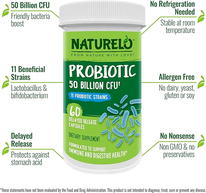 NATURELO Probiotics for Digestive Health 50 Billion 11 Strains 60 Vegetarian