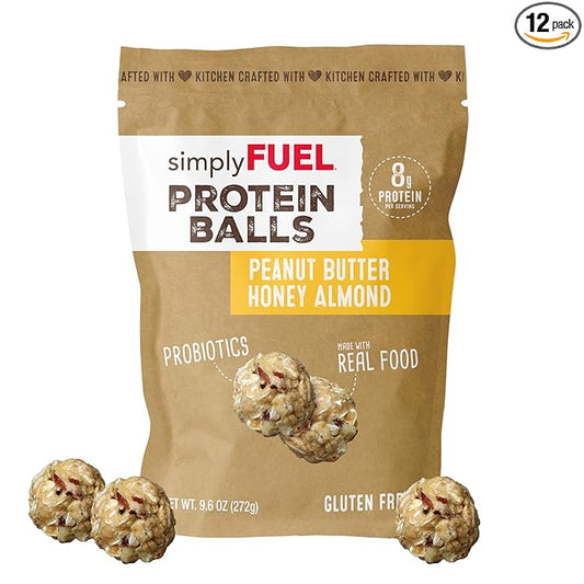 Whole Food Protein Balls with Probiotics - Peanut Butter Honey Almond Snacks - 8g Protein Snack - Gluten Free Energy Balls (1 Pack of 12 Balls)