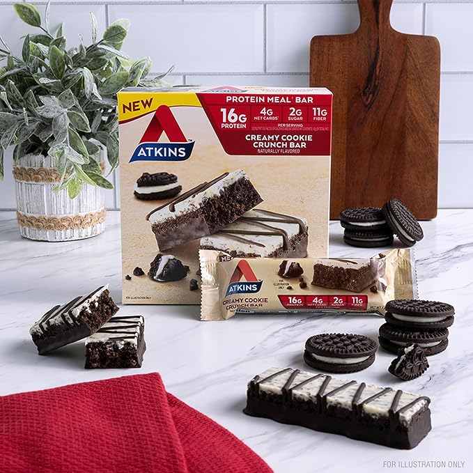 Atkins Creamy Cookie Crunch Meal Bars, 16g Protein, 11g Fiber, 2g Sugar, 4g Net Carbs, Low Carb, 12 Count