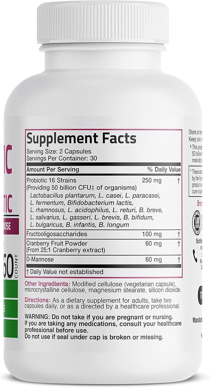 Bronson Women's Probiotic 50 Billion CFU + Prebiotic with Cranberry & D-Mannose – Vaginal Health, Healthy Digestion, Immune Function and Urinary Tract Support, Non-GMO, 60 Vegetarian Capsules