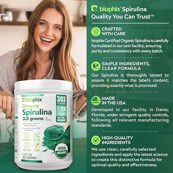 biophix Organic Spirulina Powder, 2.2 Lbs 100% Pure Spirulina Blue Green Algae Powder, Vegan, Non GMO, Non-Irradiated, USDA Certified, Best Protein Superfood
