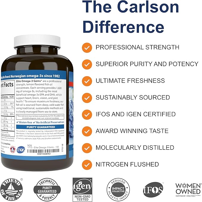 Carlson - Elite Omega-3 Gems, 1600 Omega-3 Fatty 3 Fish 130 Softgels