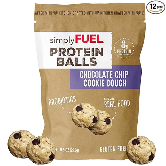 Whole Food Protein Balls with Probiotics - Chocolate Chip Cookie Dough Snacks - 8g Protein Snack - Gluten Free Energy Balls (1 Pack of 12 Balls)