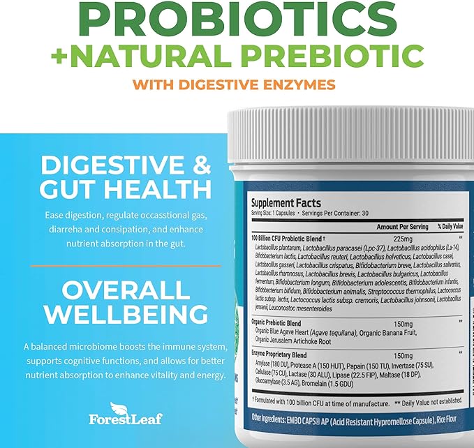 ForestLeaf Clinically Studied Probiotics 100 Billion CFU, 26 Strains with Organic Prebiotic Blend & Digestive Enzymes - Probiotic Prebiotic for Men & Women - Probiotics Digestive Health (30 Capsules)