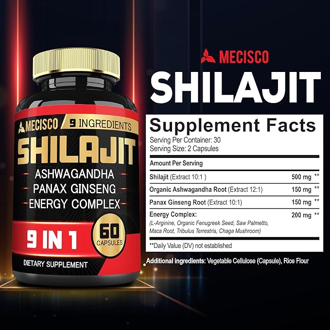 1000mg Shilajit Supplement with Ashwagandha Root, 60 Capsules
