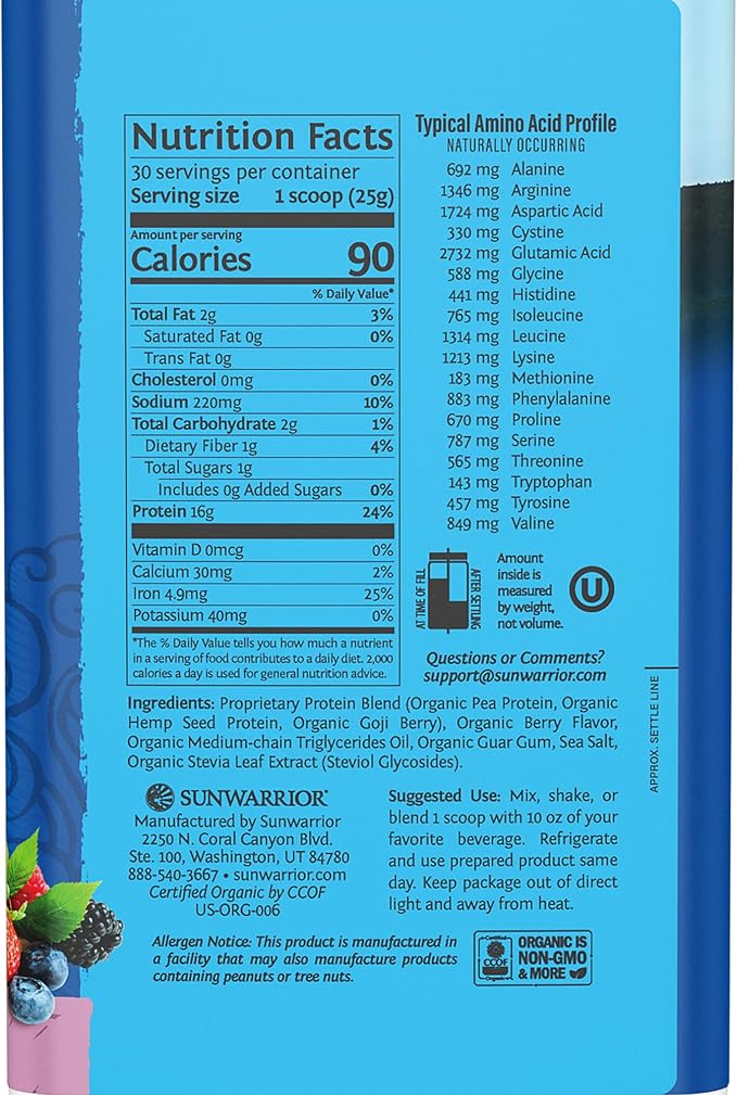 Sunwarrior Vegan Organic Protein Powder Plant-Based 30 Servings