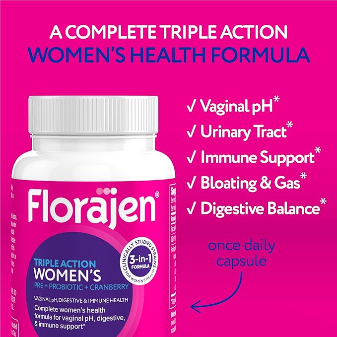 Florajen Women's Vaginal Probiotic, Prebiotic, & Cranberry Supplement for Immune Support and Digestive Health, 30 Capsules