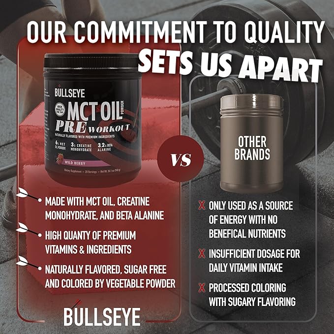 Bullseye MCT Oil Pre Workout Supplement - Creatine Monohydrate, Medium Chain Triglycerides, Beta Alanine, Caffeine, L-Citrulline, Muscle Gainer, Focus, Endurance, Energy -20 Servings - Wild Berry